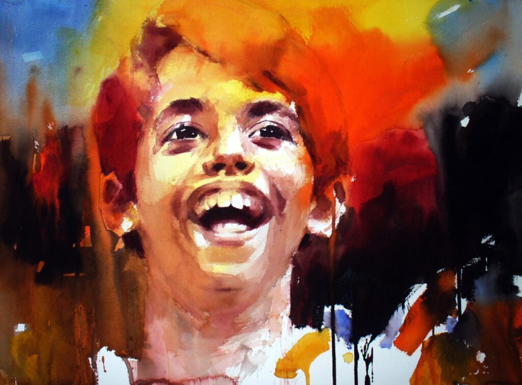 एका आनंदी मुलाचे जलरंग शैलीतील चित्र, ज्यामध्ये विविध तेजस्वी रंगांचा वापर करून त्याच्या भावनांची कलात्मक अभिव्यक्ती दाखवली आहे.