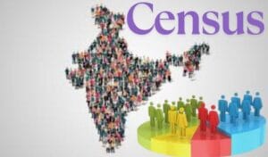 India map filled with diverse people icons representing population distribution, with the word "Census" and a pie chart showing demographic segmentation.