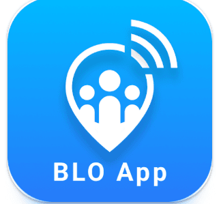 BLO App चा अधिकृत लोगो – निळ्या पार्श्वभूमीवर तीन व्यक्ती आणि सिग्नल चिन्ह असलेले स्थानचिन्ह.