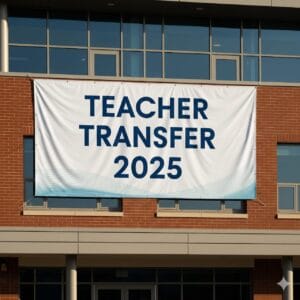 Teacher Transfers in Maharashtra 2025 banner displayed on a school building.