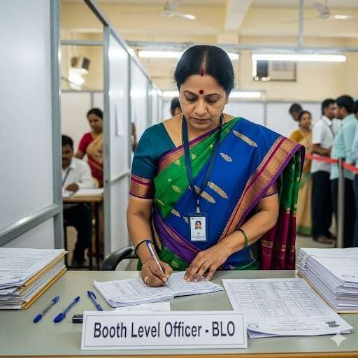 A female Booth Level Officer (BLO) in a saree checking voter documents at a government office.