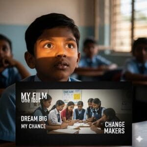 शाळेतील वर्गात एक विद्यार्थी प्रेरणादायी शॉर्ट फिल्म पाहताना – One Idiot