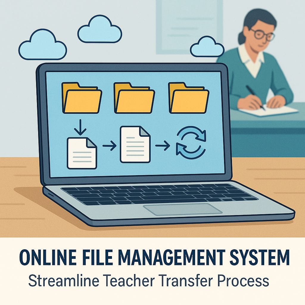 Teacher Transfer 2025: Illustration showing a laptop with file folders and document icons on the screen, representing an online file management system. Cloud icons around it signify cloud storage. In the background, a person (possibly a teacher) is working at a desk.