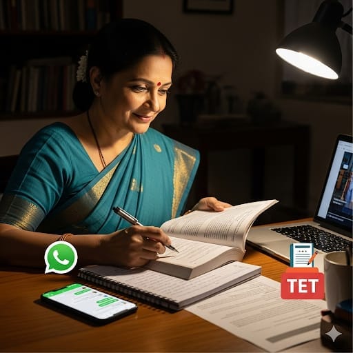 महिला शिक्षक TET 2025 परीक्षेची तयारी करताना, पुस्तक, मोबाइल व लॅपटॉपसह अभ्यासात मग्न