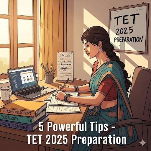 Woman preparing for TET 2025 exam with books, laptop, and study plan.