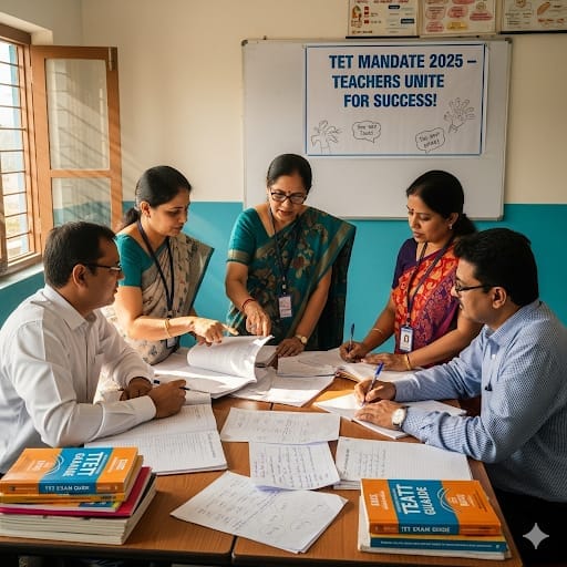 Teachers preparing for TET exam 2025 in a classroom setting with study materials