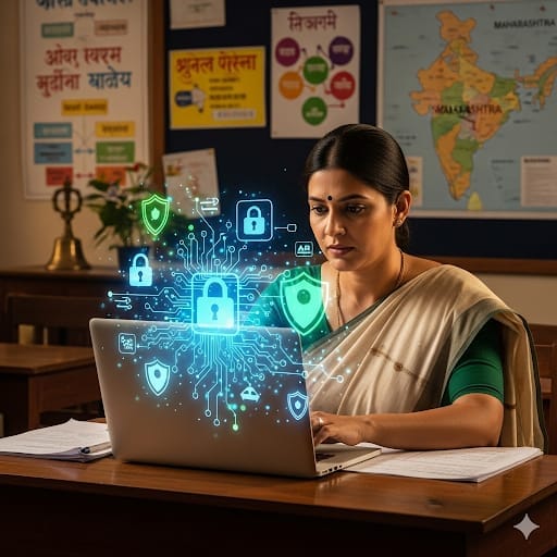 Cybersecurity Awareness for Teachers: Indian teacher using laptop with digital lock and shield icons representing cybersecurity awareness in education.