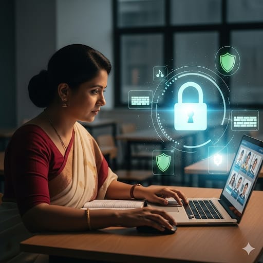 Cybersecurity Awareness for Teachers: शिक्षक लॅपटॉपवर काम करताना, डिजिटल लॉक आणि शील्ड आयकॉन्ससह, सायबर सुरक्षा जागरूकतेचे प्रतीक.