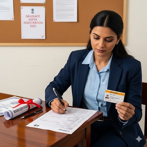 Teacher filling voter registration Form 18 with Aadhaar and degree certificate