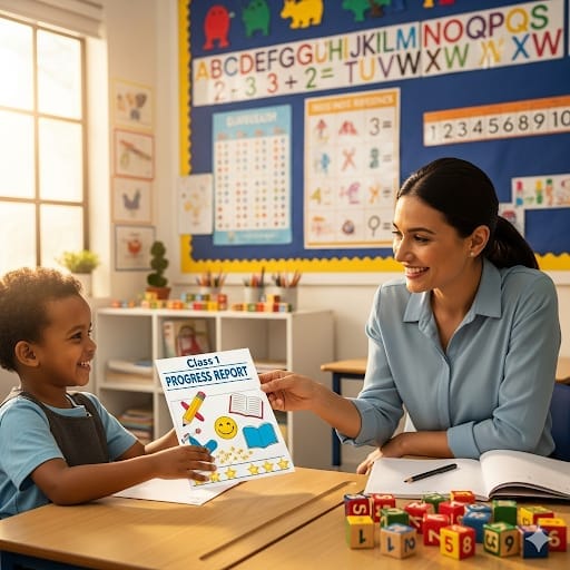Class1 Progress Report Guidelines in Marathi: Teacher giving progress report card to a Class 1 student in a colorful classroom under NEP 2020 guidelines"