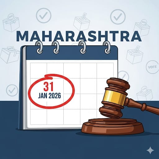 🗓️ Maharashtra Local Body Elections Deadline Extended: Calendar showing extended deadline for Maharashtra Local Body Elections with Supreme Court gavel symbol.
