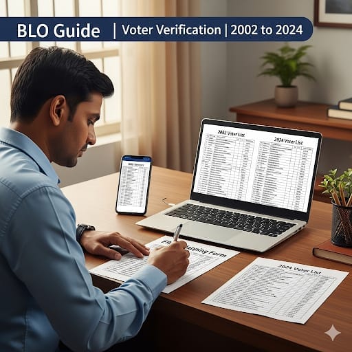 ERoll Mapping 2002 Voter Verification:: बीएलओ (BLO) डेस्कवर बसून 'ERoll Mapping' फॉर्म भरत आहे, ज्यामध्ये तो 2002 आणि 2024 च्या मतदार याद्यांची पडताळणी करत आहे. त्याच्या लॅपटॉपवर दोन्ही याद्या दिसत आहेत