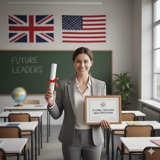 Become a Qualified Teacher in UK or US: Qualified teacher in classroom with UK and US flags in the background.