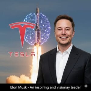 Elon Musk standing confidently in front of innovations like Tesla, SpaceX, and AI