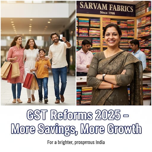 New GST rates 2025 in India: Happy family and small business owner representing GST benefits 2025