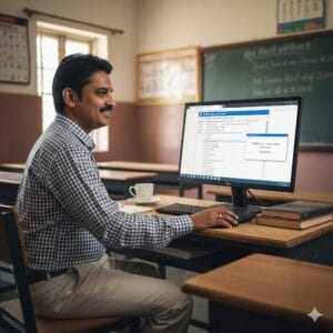 UDISE+ SARAL Integration 2025: Teacher entering data in UDISE+ portal as SARAL sync reduces workload