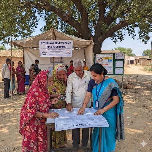 Voter List Verification October 2025: Booth-level officer assisting citizens in checking their names on the voter list during a rural voter awareness campaign.