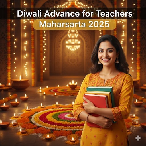 Diwali Advance for Teachers Maharashtra 2025 – Teacher celebrating festival with books and lamps”