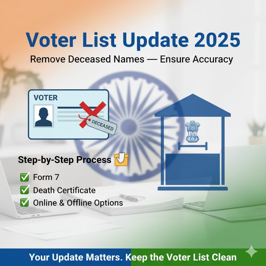 Voter list update process showing removal of deceased names using Form 7 and official documents.
