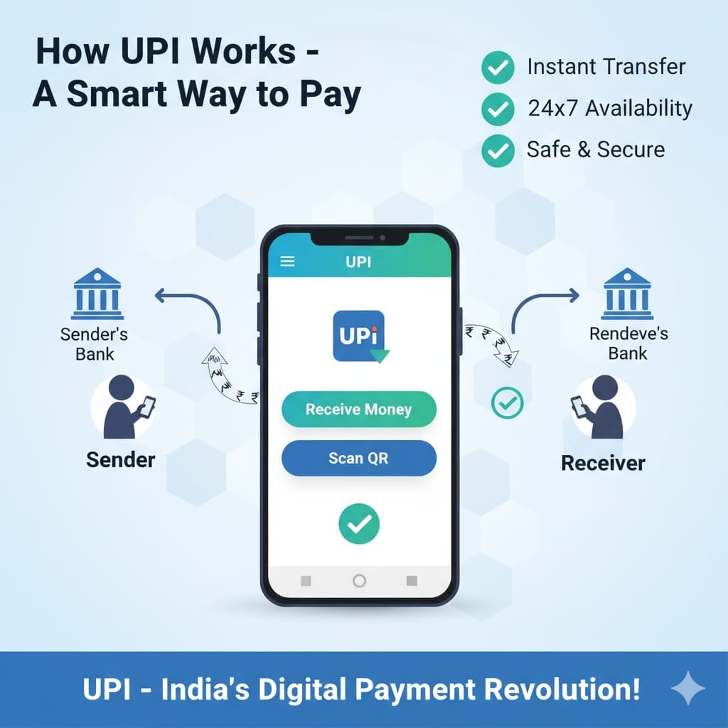 🏦 Complete UPI Guide in Marathi: Illustration of UPI payment process showing sender, receiver, smartphone, and instant money transfer between bank accounts.