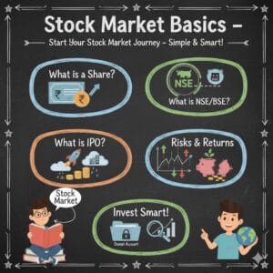 Share Market Guide 2025: Illustration of a beginner learning stock market basics, with icons for shares, IPO, risks, returns, and demat account.