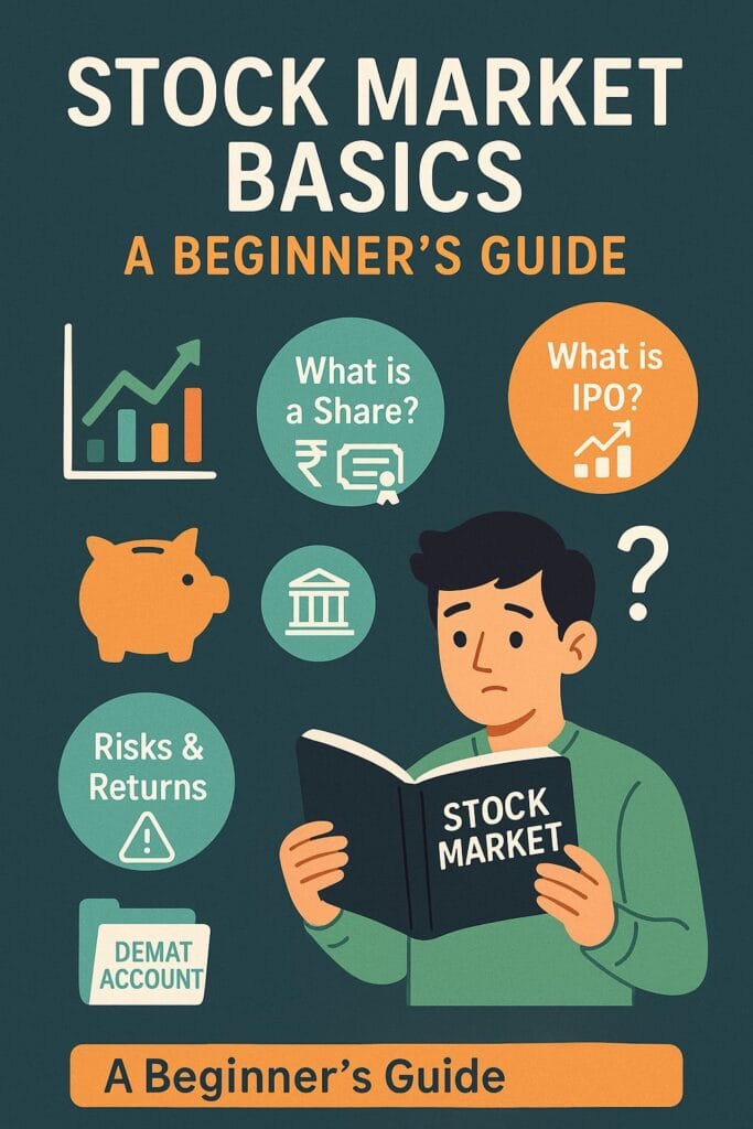 Illustration of a beginner learning stock market basics, with icons for shares, IPO, risks, returns, and demat account.