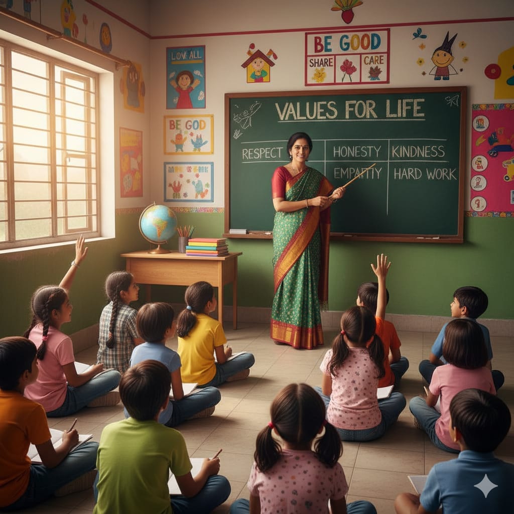 Value Based Education in India – Teacher guiding students with moral values