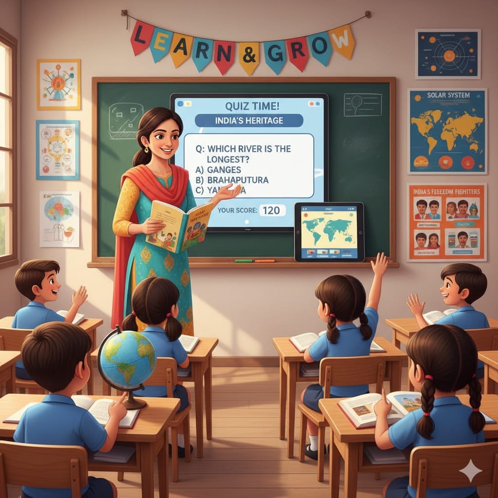 Teacher encouraging students with fun learning activities in a joyful classroom