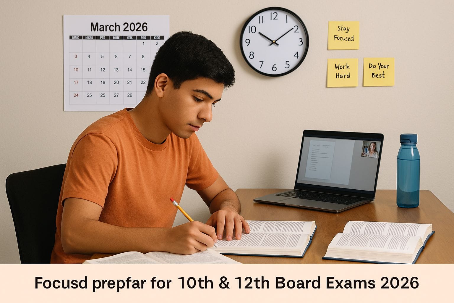 "10th and 12th Board Exam 2026: Student preparing for 10th and 12th Board Exams 2026 with books, calendar, and a quiet study setup"