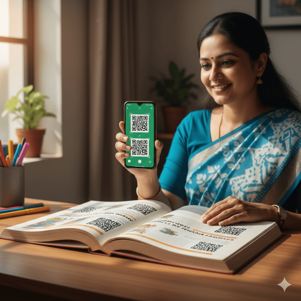 Balbharati QR Code Textbooks being scanned by teacher for digital learning in Maharashtra