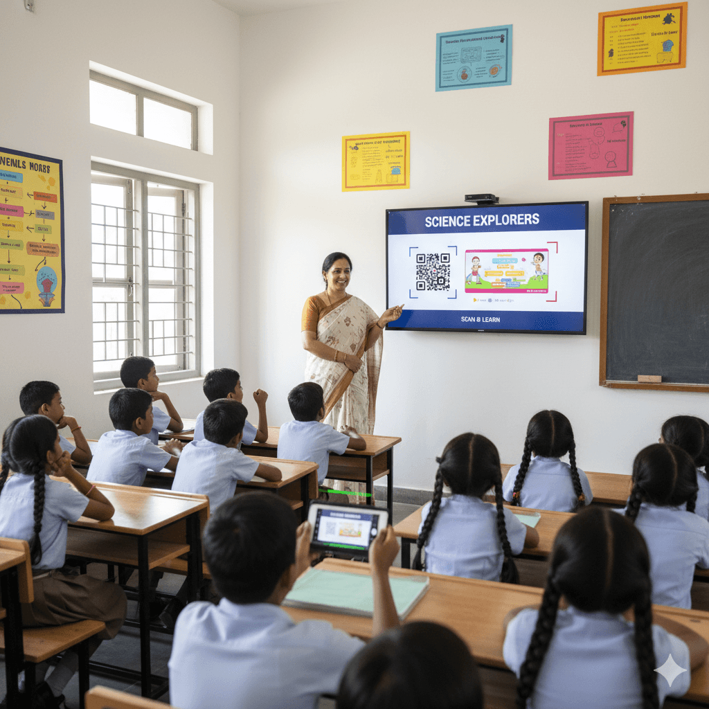 Students watching QR Code video lessons from Balbharati textbooks on smart TV